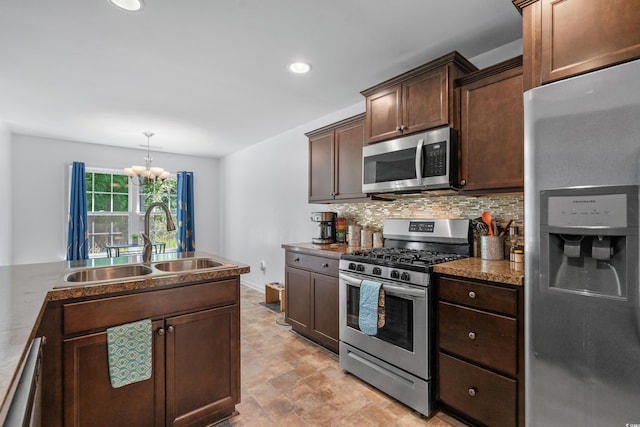 kitchen with appliances with stainless steel finishes, tasteful backsplash, sink, hanging light fixtures, and dark brown cabinetry