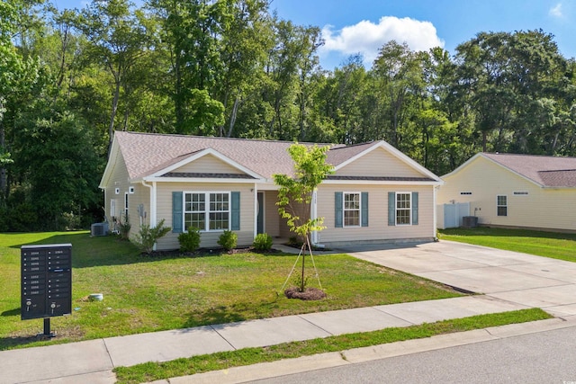 ranch-style house featuring central AC and a front lawn