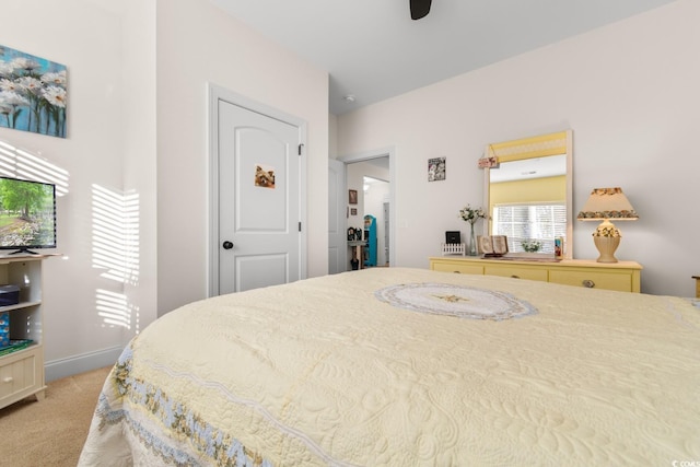 bedroom with light colored carpet and a closet