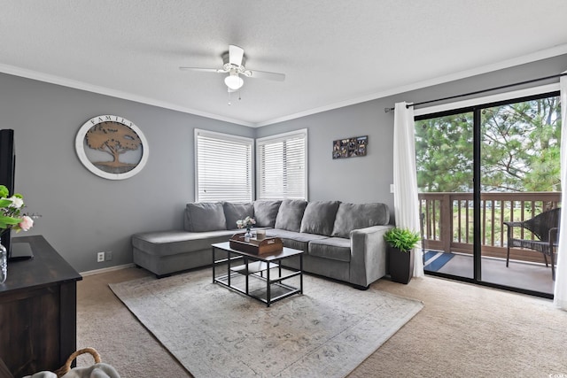 living room featuring light colored carpet, plenty of natural light, and crown molding