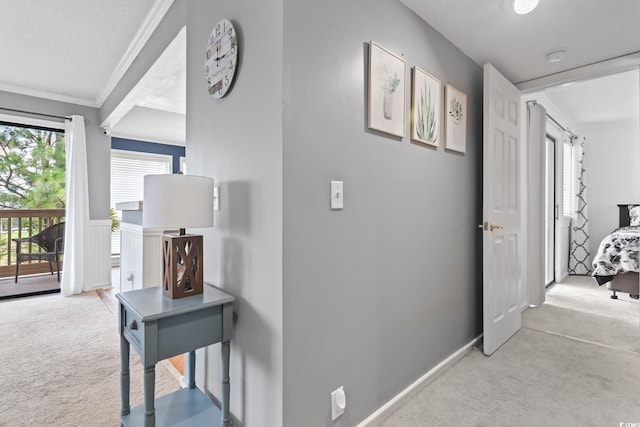 corridor featuring crown molding and light colored carpet