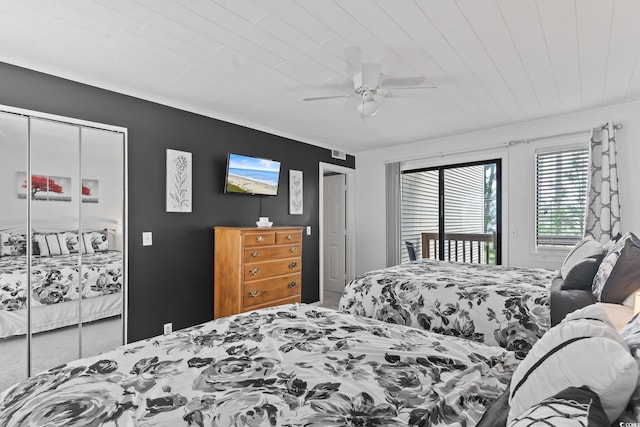 bedroom featuring ceiling fan, wooden ceiling, access to exterior, and crown molding