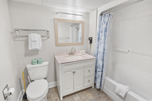 full bathroom with toilet, shower / tub combo, and vanity