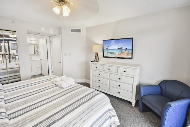 carpeted bedroom with ceiling fan and connected bathroom