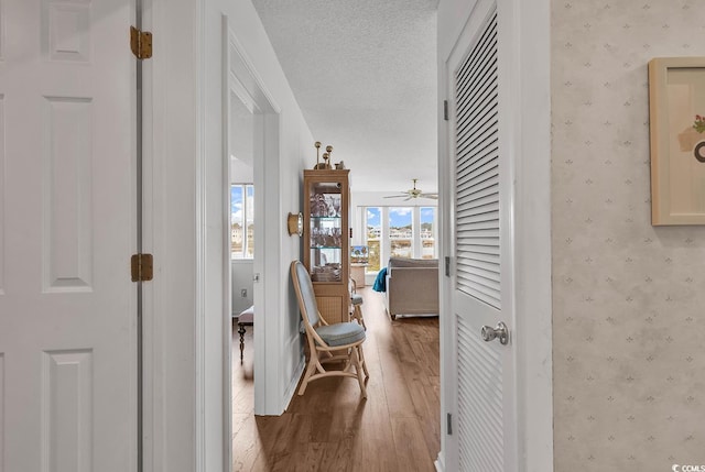 corridor featuring hardwood / wood-style flooring and a textured ceiling