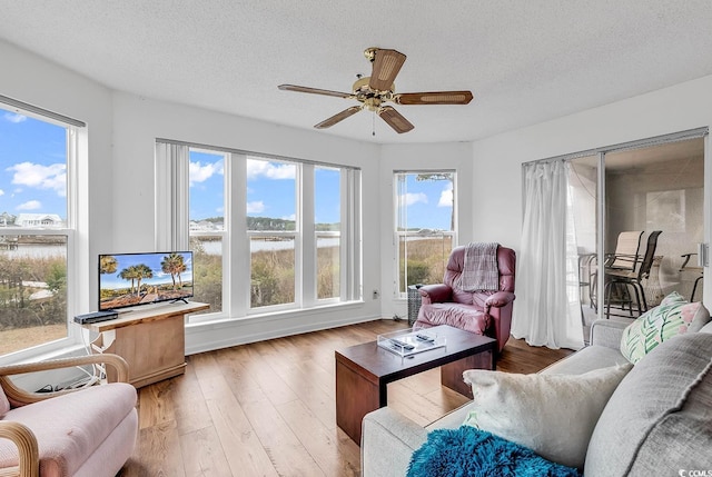 4560 Greenbriar Dr Unit 102-B, Little River, SC 29566 - living room featuring a ceiling fan, wood finished floors, and a textured ceiling