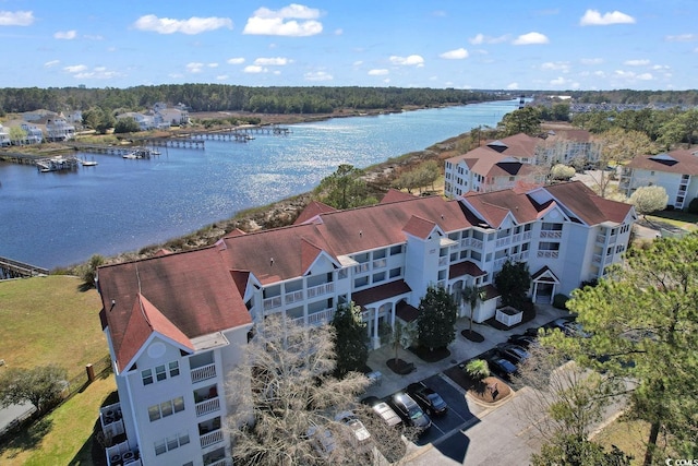 bird's eye view with a water view