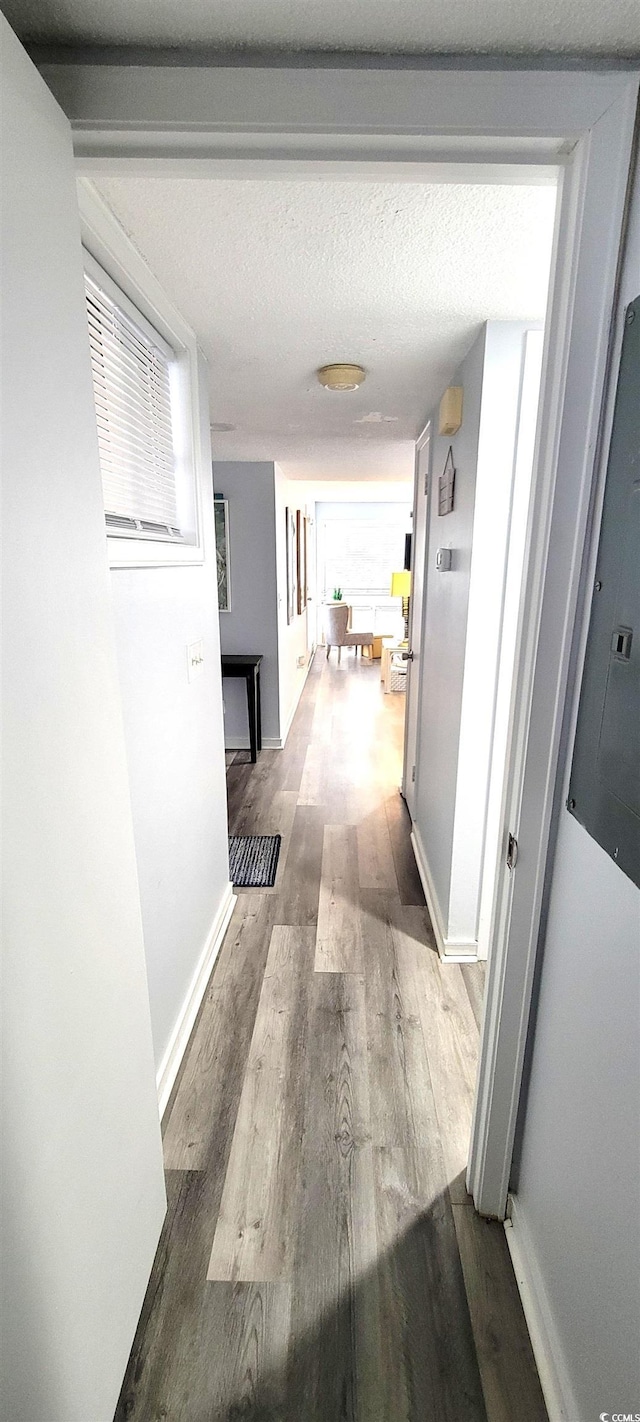 hall with a textured ceiling, wood finished floors, electric panel, and baseboards