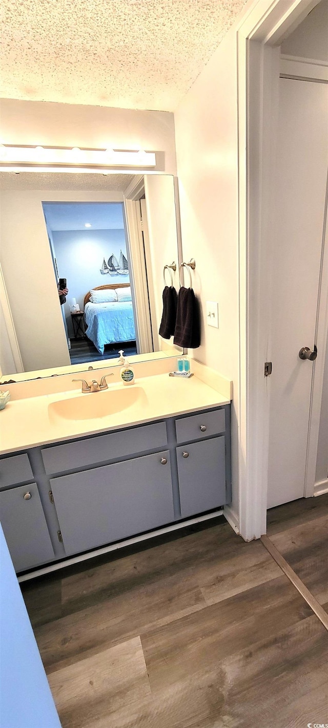 ensuite bathroom with connected bathroom, vanity, and wood finished floors