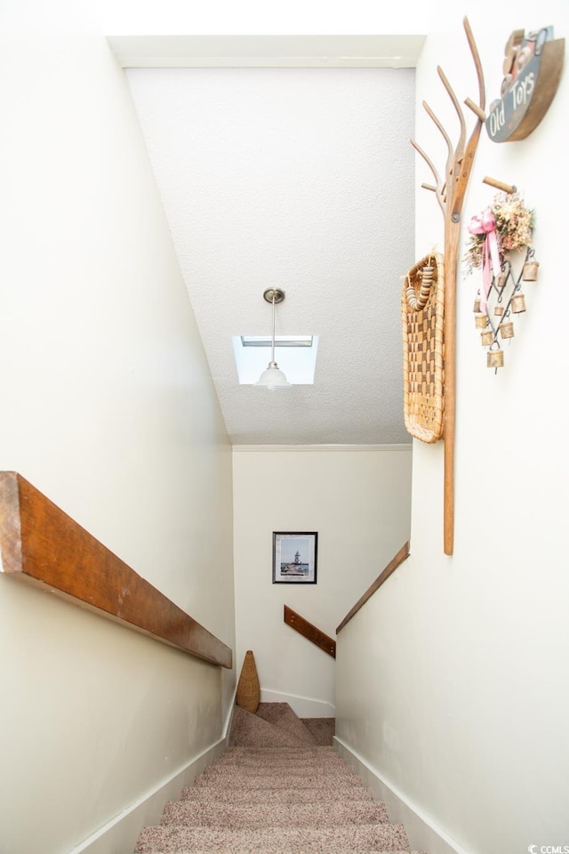 stairs with lofted ceiling with skylight and carpet floors