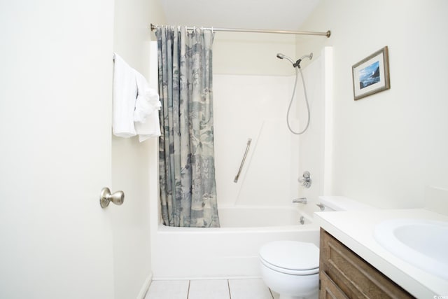 full bathroom with tile patterned flooring, vanity, shower / bath combo, and toilet