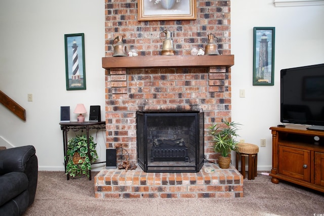 living room featuring a brick fireplace and light colored carpet