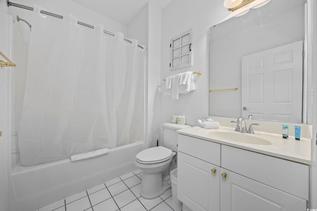 full bathroom with toilet, vanity, tile patterned flooring, and shower / bathtub combination with curtain