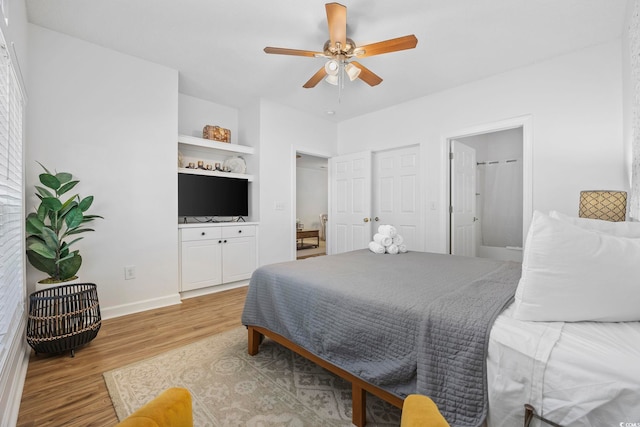 bedroom featuring ceiling fan and light hardwood / wood-style floors