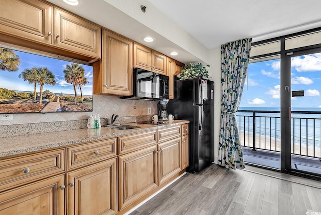 kitchen with a water view, a healthy amount of sunlight, black appliances, and sink