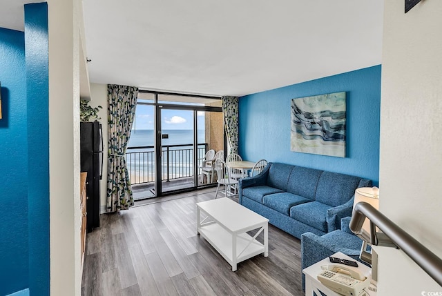 living room featuring a water view, hardwood / wood-style flooring, and expansive windows