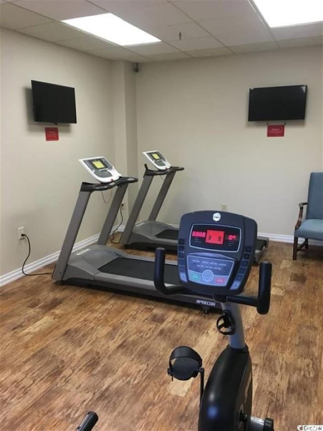 workout area with wood finished floors, a paneled ceiling, and baseboards