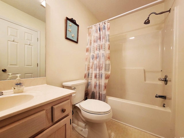 full bathroom featuring toilet, a textured ceiling, shower / bathtub combination with curtain, and vanity