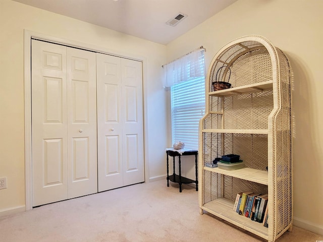 interior space featuring light colored carpet and a closet