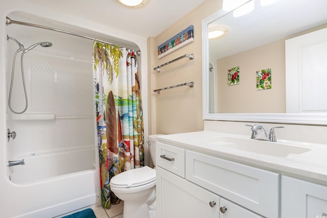 full bathroom featuring toilet, tile patterned flooring, shower / bath combo, and vanity