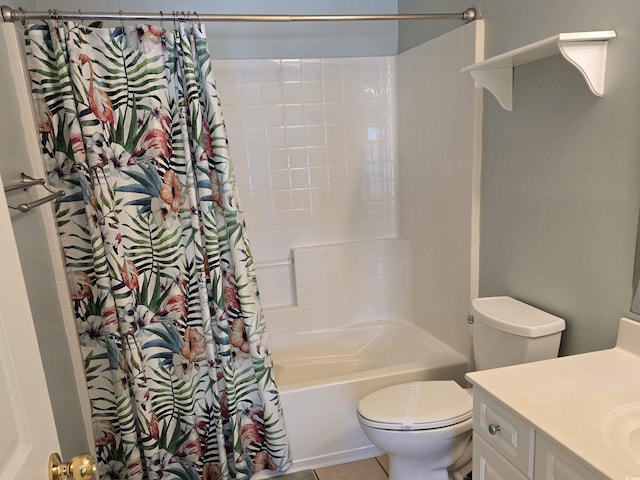 full bathroom featuring toilet, shower / bathtub combination with curtain, and vanity