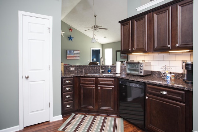 kitchen with dark brown cabinetry, a toaster, black dishwasher, a ceiling fan, and a sink