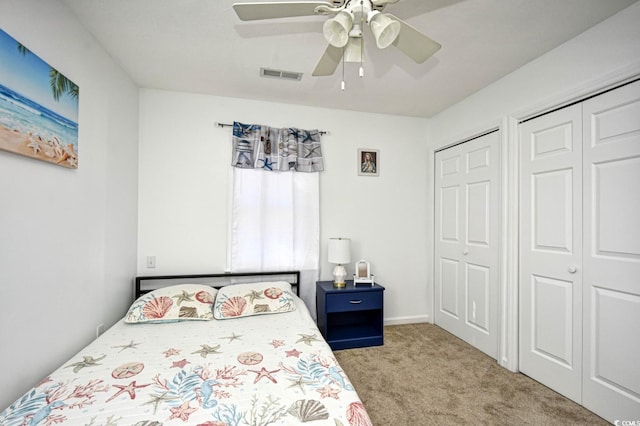 carpeted bedroom featuring ceiling fan