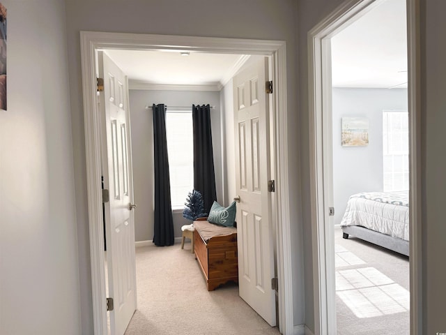 hall with baseboards, ornamental molding, and light colored carpet