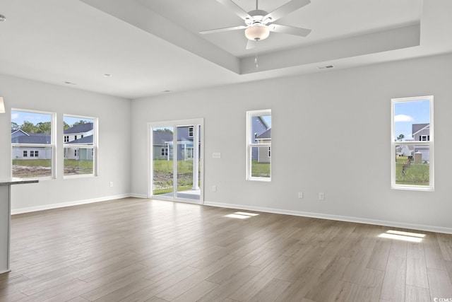 spare room featuring plenty of natural light, a tray ceiling, and hardwood / wood-style flooring