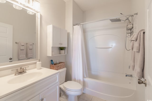 bathroom with tile patterned floors, vanity, toilet, and shower / tub combo with curtain