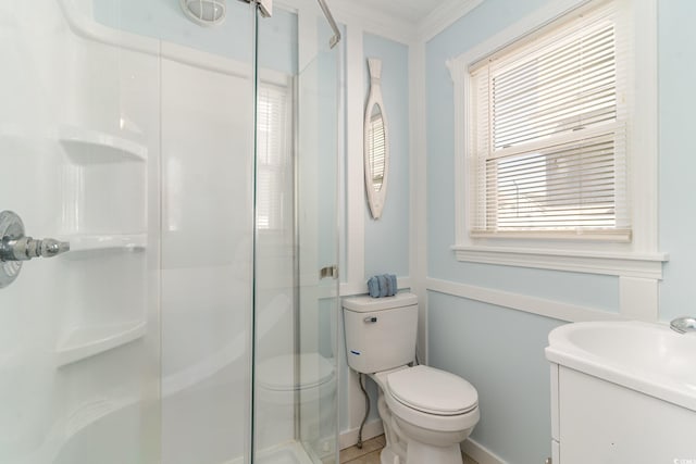 bathroom featuring an enclosed shower, toilet, and crown molding