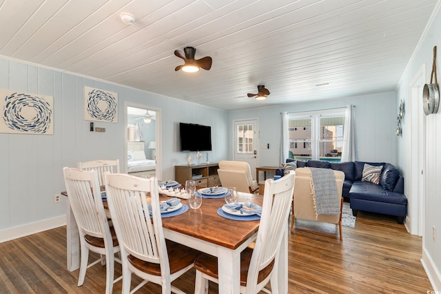 dining area with wooden ceiling, ornamental molding, hardwood / wood-style floors, and ceiling fan