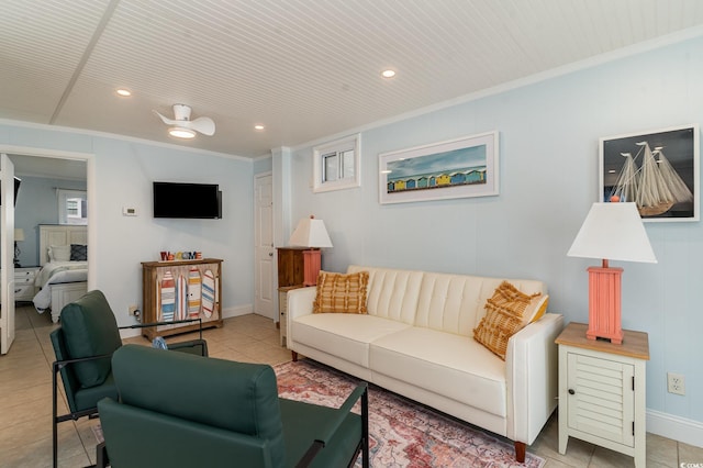 tiled living room with ceiling fan, ornamental molding, and wood ceiling