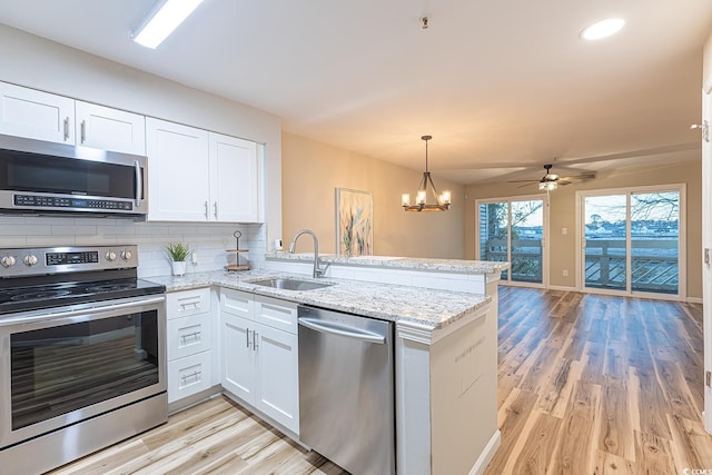 kitchen with decorative backsplash, appliances with stainless steel finishes, a peninsula, white cabinetry, and a sink