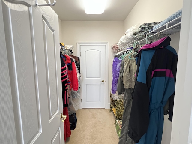 spacious closet featuring light colored carpet