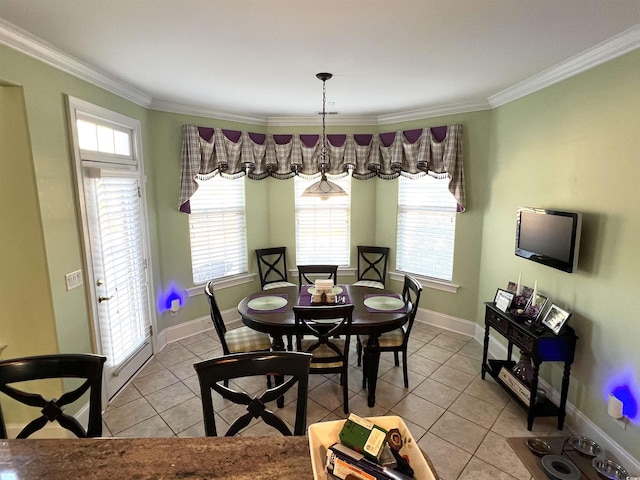 tiled dining space with ornamental molding