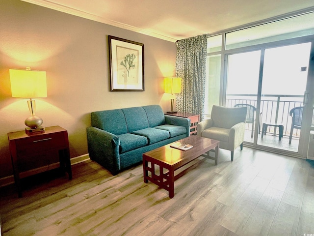 living room featuring hardwood / wood-style floors, a wall of windows, and crown molding