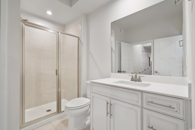 bathroom with visible vents, toilet, tile patterned floors, vanity, and a shower stall