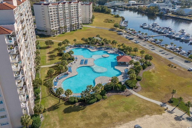 aerial view featuring a water view