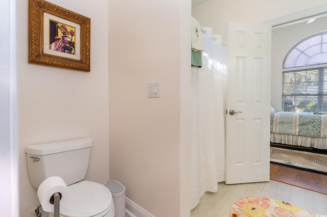 bathroom with toilet and hardwood / wood-style floors