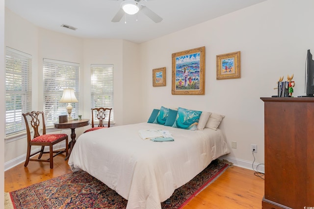 bedroom with ceiling fan and wood-type flooring