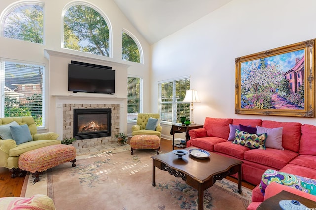 living room with wood-type flooring, plenty of natural light, and high vaulted ceiling