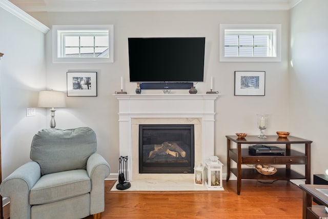 living area with a premium fireplace, ornamental molding, and hardwood / wood-style floors