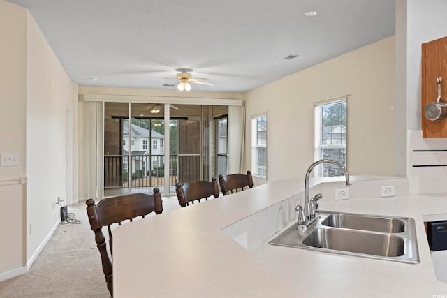 kitchen featuring baseboards, visible vents, carpet, light countertops, and a sink