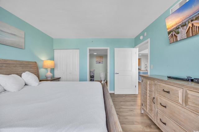 bedroom with a closet and hardwood / wood-style floors