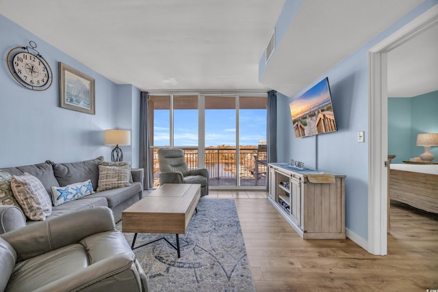 living room featuring light hardwood / wood-style floors and expansive windows