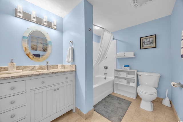 full bathroom featuring toilet, tile patterned floors, vanity, and shower / tub combo with curtain