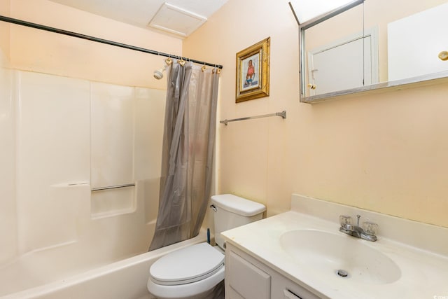 full bathroom featuring toilet, vanity, and shower / tub combo with curtain