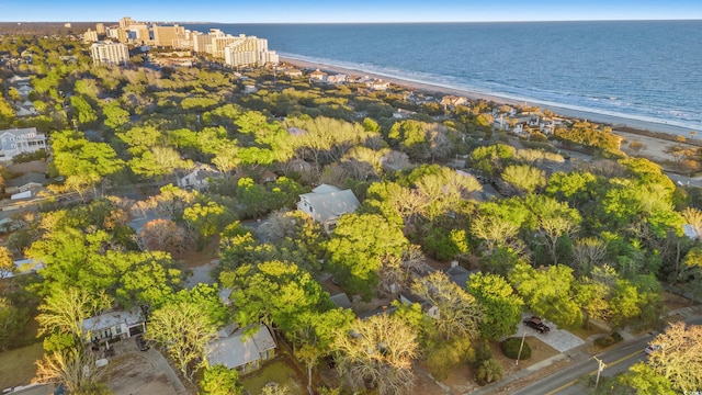 aerial view featuring a water view and a beach view