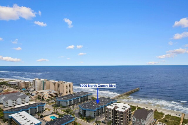 bird's eye view with a beach view and a water view